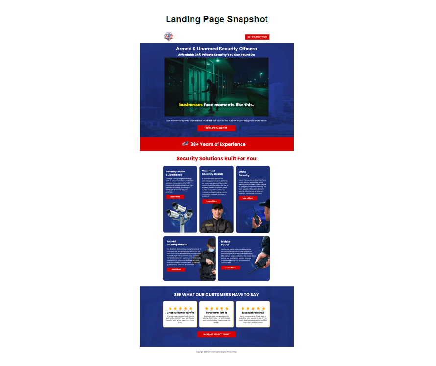 Screenshot of the American Guards Security landing page